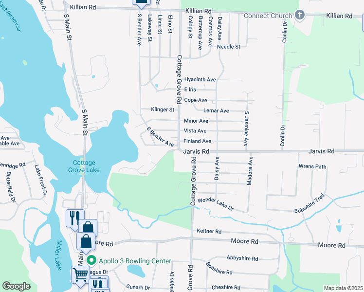 map of restaurants, bars, coffee shops, grocery stores, and more near 3431 Cottage Grove Road in Akron