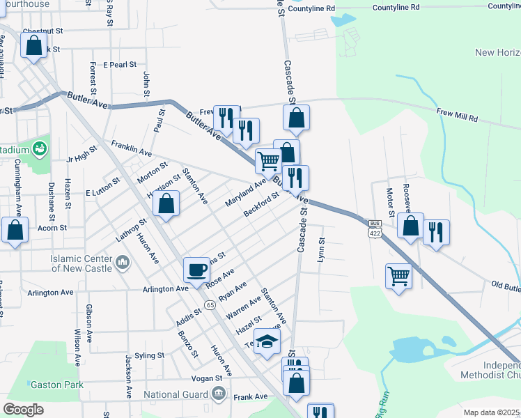 map of restaurants, bars, coffee shops, grocery stores, and more near 1036 Beckford Street in New Castle
