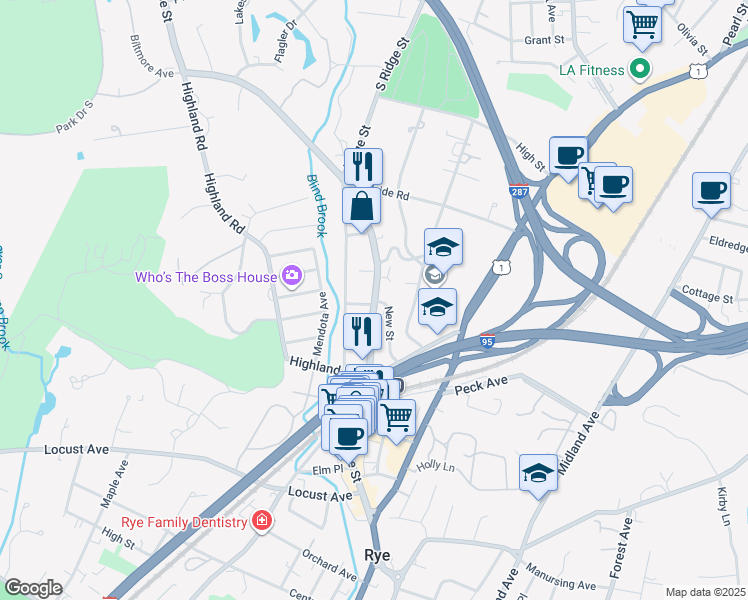 map of restaurants, bars, coffee shops, grocery stores, and more near 70 Wappanocca Avenue in Rye