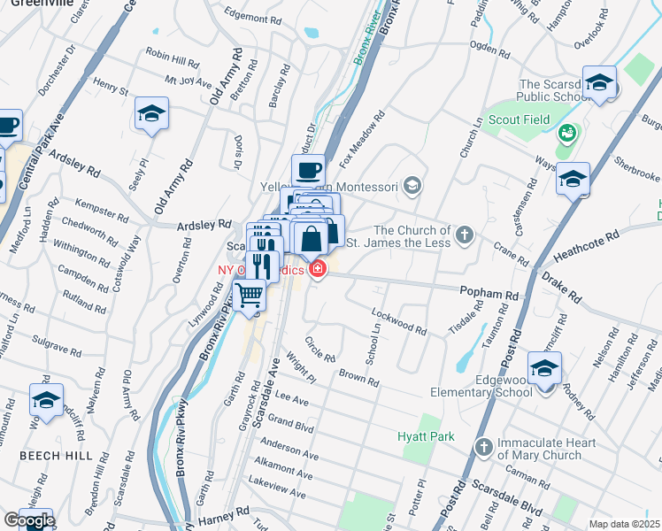 map of restaurants, bars, coffee shops, grocery stores, and more near 49-53 Popham Road in Scarsdale