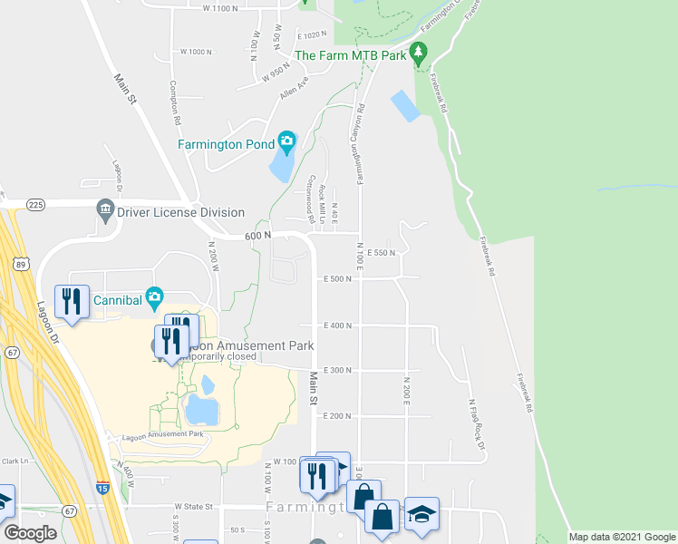 map of restaurants, bars, coffee shops, grocery stores, and more near 49 East 500 North in Farmington