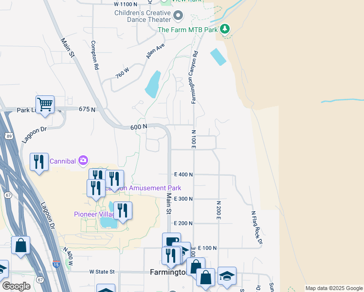 map of restaurants, bars, coffee shops, grocery stores, and more near 49 East 500 North in Farmington