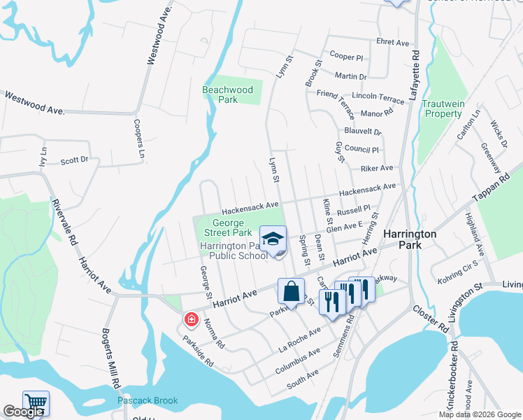 map of restaurants, bars, coffee shops, grocery stores, and more near 176-234 Hackensack Avenue in Harrington Park
