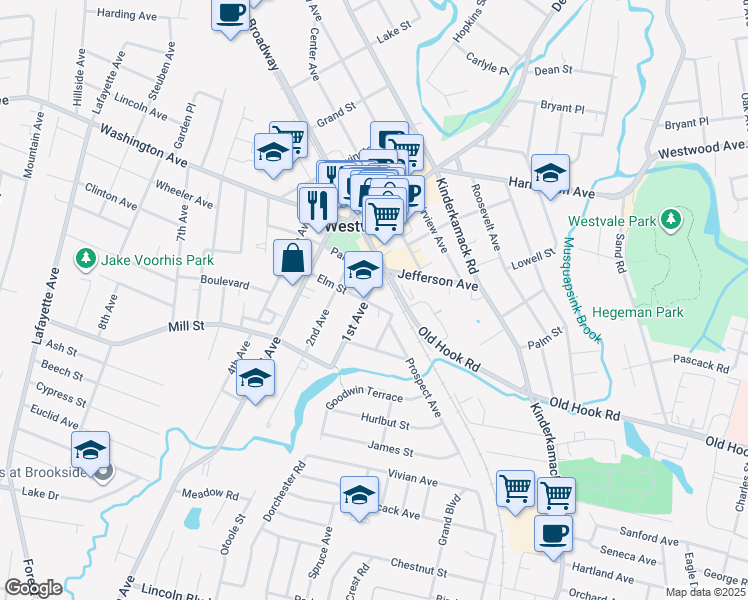 map of restaurants, bars, coffee shops, grocery stores, and more near 71 1st Avenue in Westwood