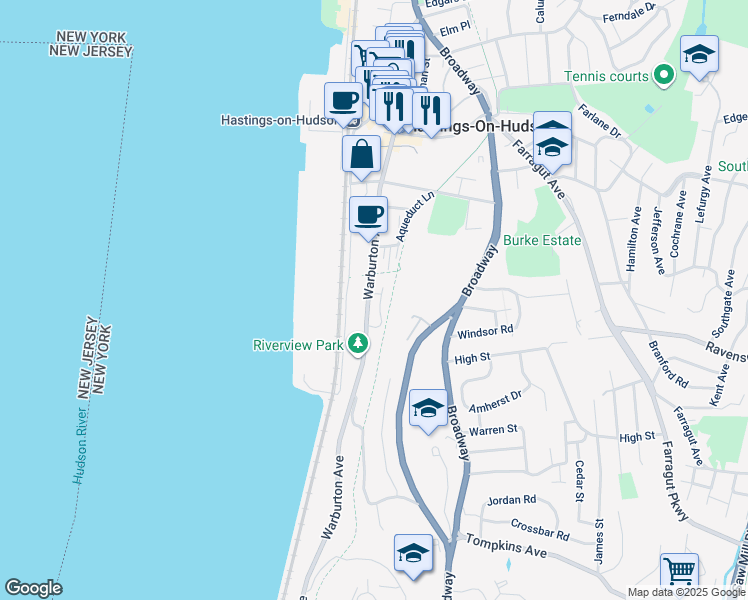 map of restaurants, bars, coffee shops, grocery stores, and more near 370 Warburton Avenue in Hastings-on-Hudson
