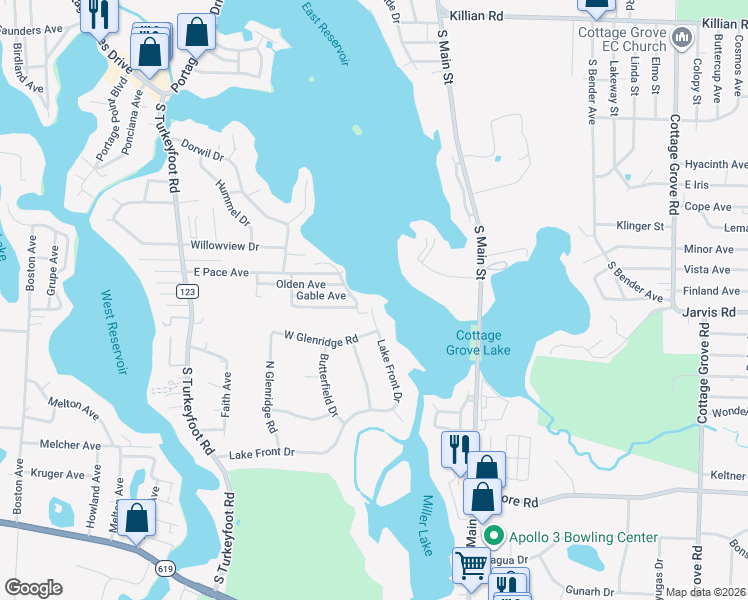 map of restaurants, bars, coffee shops, grocery stores, and more near 9 Lake Front Dr in Akron