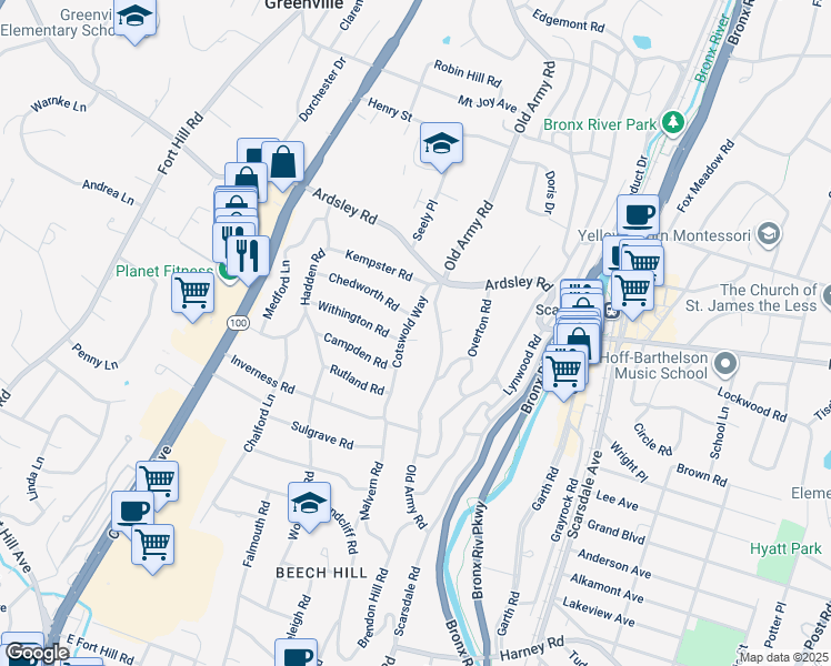 map of restaurants, bars, coffee shops, grocery stores, and more near 11 Cotswold Way in Scarsdale