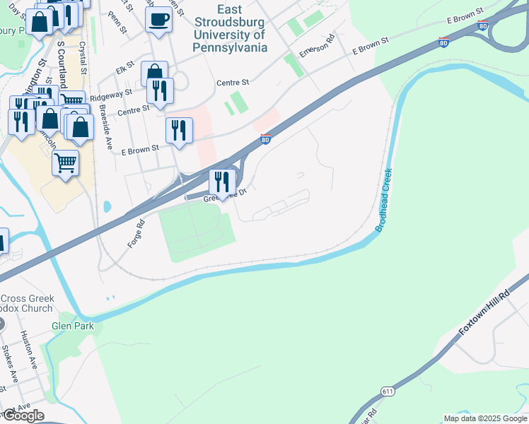 map of restaurants, bars, coffee shops, grocery stores, and more near 34 Parish Park in East Stroudsburg