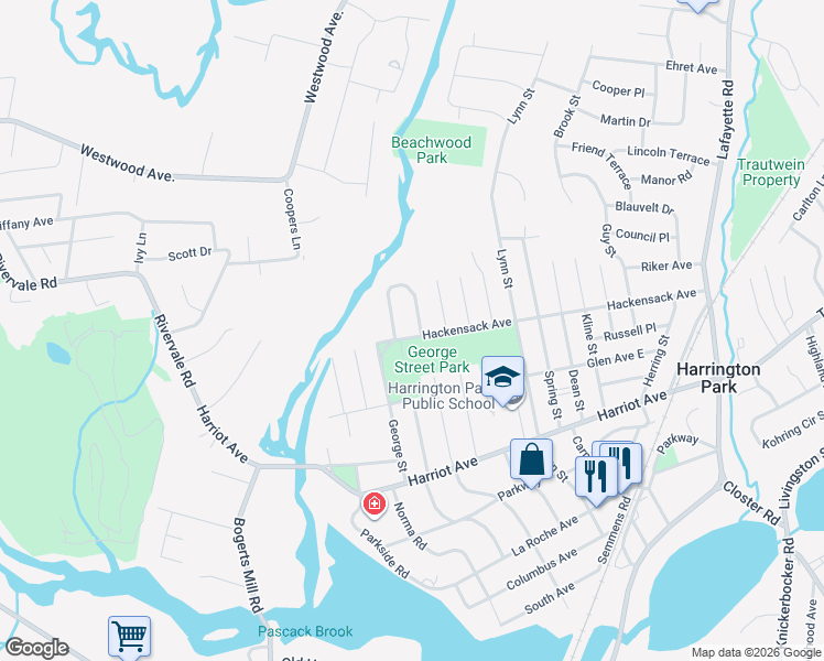 map of restaurants, bars, coffee shops, grocery stores, and more near 21 Eastbrook Road in Harrington Park