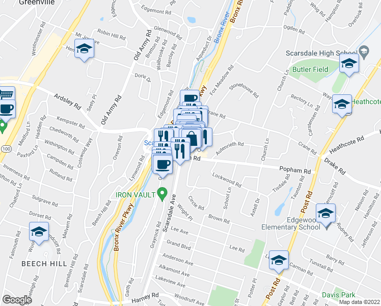 map of restaurants, bars, coffee shops, grocery stores, and more near 9 Harwood Court in Scarsdale