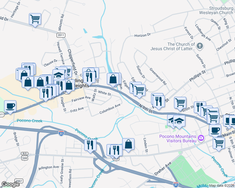 map of restaurants, bars, coffee shops, grocery stores, and more near 804 White St in Stroudsburg