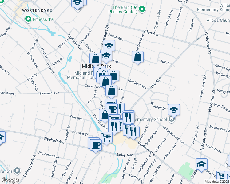 map of restaurants, bars, coffee shops, grocery stores, and more near 193 Franklin Avenue in Midland Park
