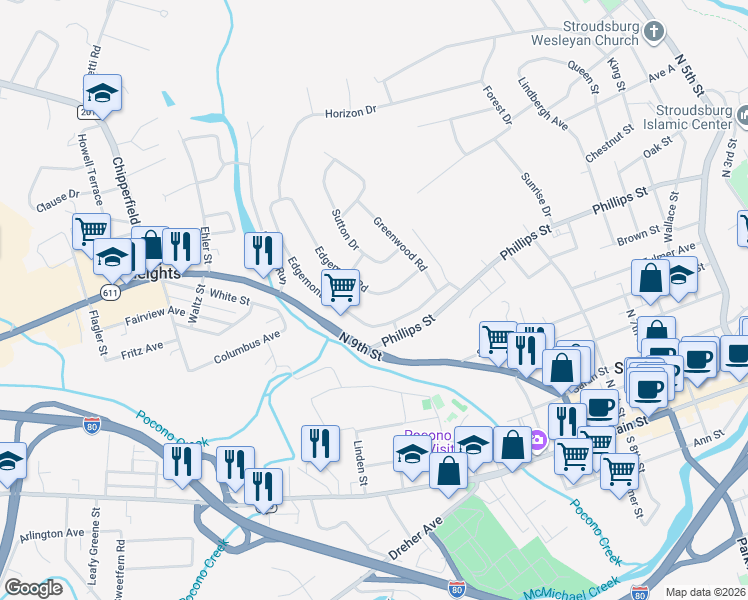 map of restaurants, bars, coffee shops, grocery stores, and more near 241 Edgemont Road in Stroudsburg