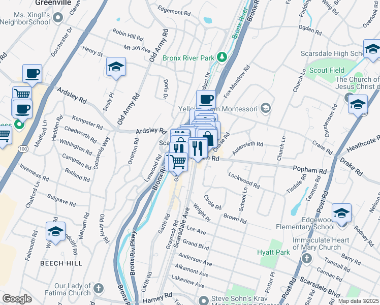 map of restaurants, bars, coffee shops, grocery stores, and more near 15 Popham Road in Scarsdale