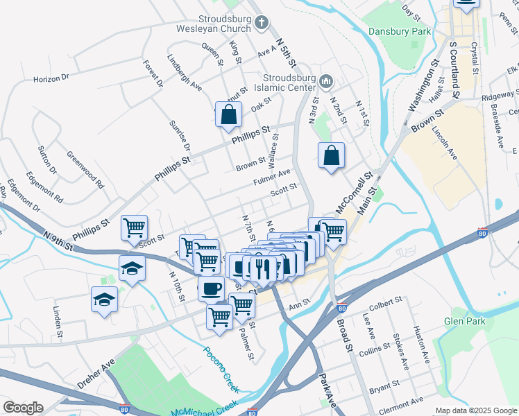 map of restaurants, bars, coffee shops, grocery stores, and more near 205 North 6th Street in Stroudsburg