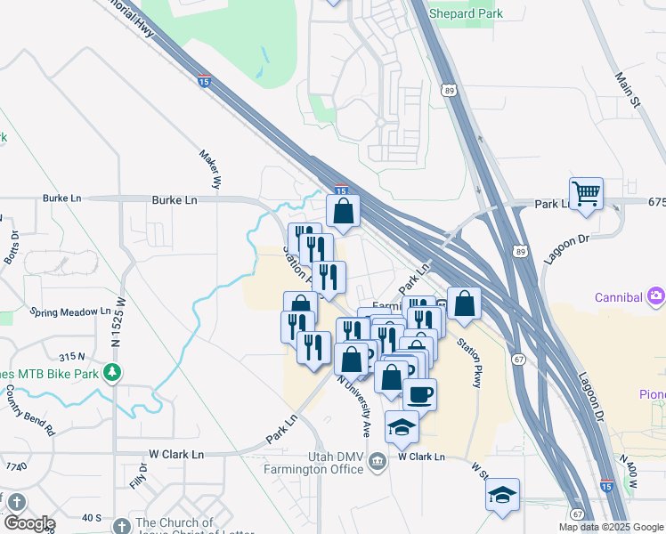 map of restaurants, bars, coffee shops, grocery stores, and more near 500 Broadway in Farmington