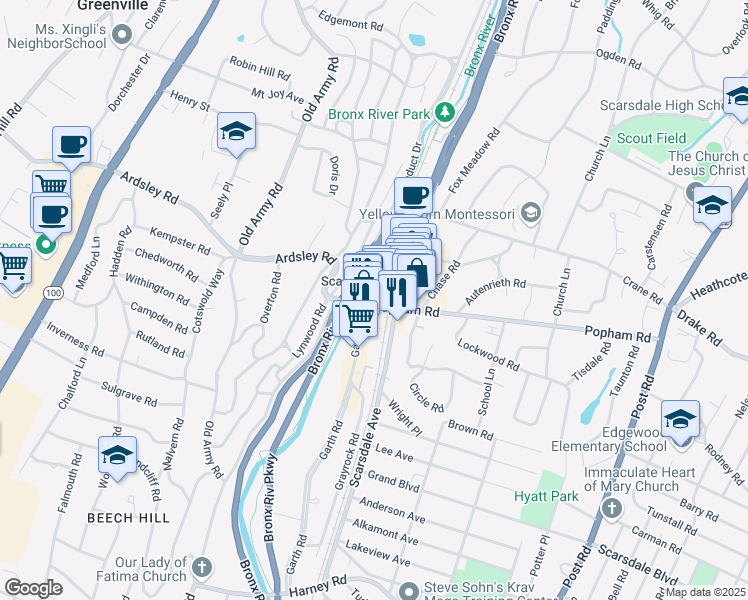 map of restaurants, bars, coffee shops, grocery stores, and more near 15 Popham Road in Scarsdale