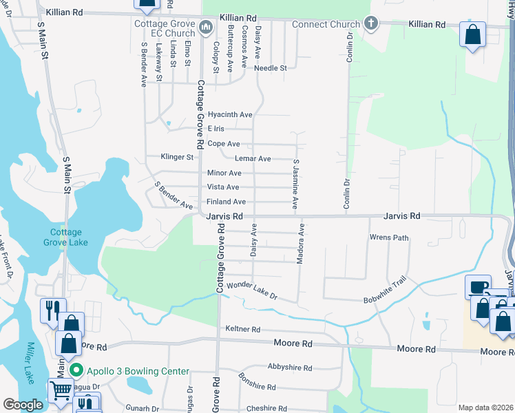 map of restaurants, bars, coffee shops, grocery stores, and more near 3383 Daisy Ave in Akron