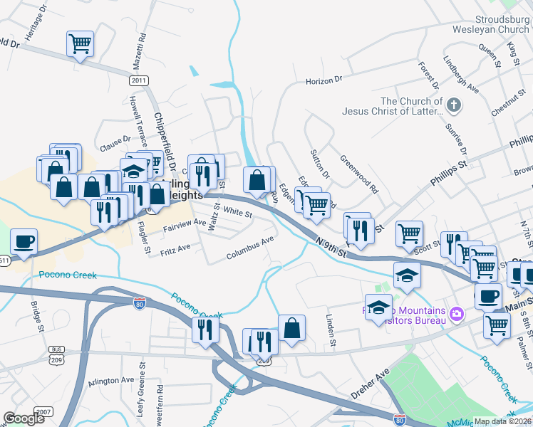 map of restaurants, bars, coffee shops, grocery stores, and more near 804 White Street in Stroudsburg