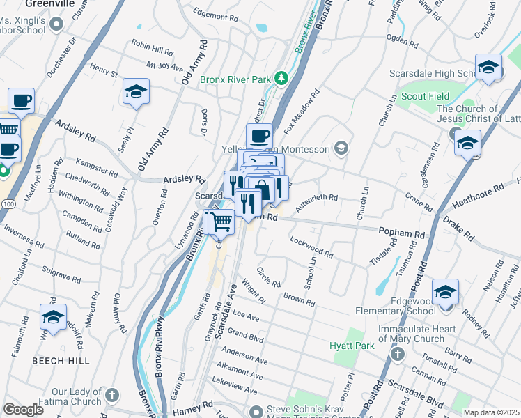 map of restaurants, bars, coffee shops, grocery stores, and more near 13 Harwood Court in Scarsdale