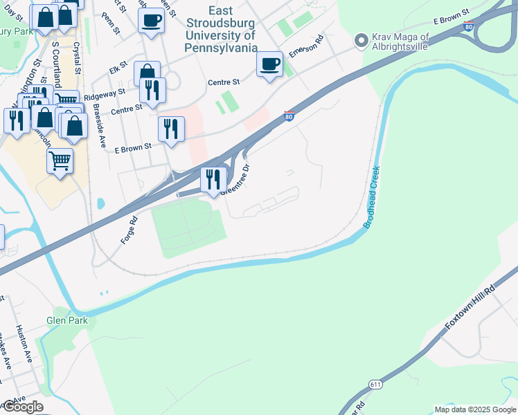 map of restaurants, bars, coffee shops, grocery stores, and more near 32 Parish Park in East Stroudsburg