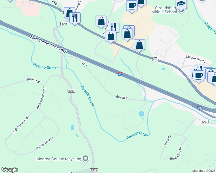 map of restaurants, bars, coffee shops, grocery stores, and more near 109 Beech Street in Stroudsburg