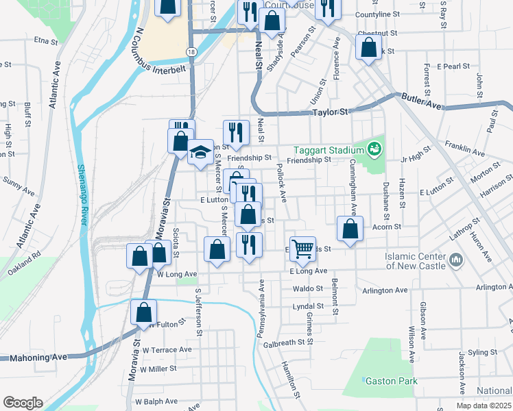 map of restaurants, bars, coffee shops, grocery stores, and more near 210 Agnew Street in New Castle