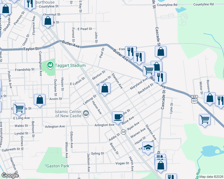 map of restaurants, bars, coffee shops, grocery stores, and more near 927 Winslow Avenue in New Castle