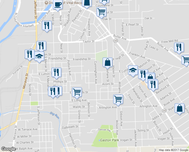 map of restaurants, bars, coffee shops, grocery stores, and more near 1010 Cunningham Avenue in New Castle