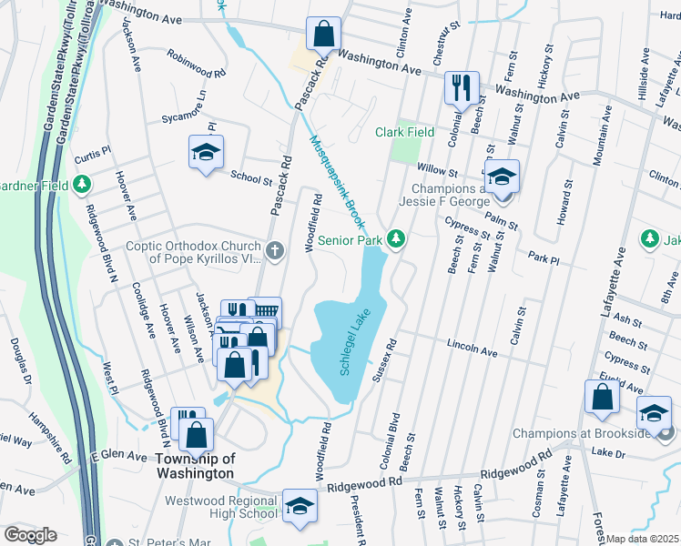 map of restaurants, bars, coffee shops, grocery stores, and more near 11 Stratford Court in Township of Washington