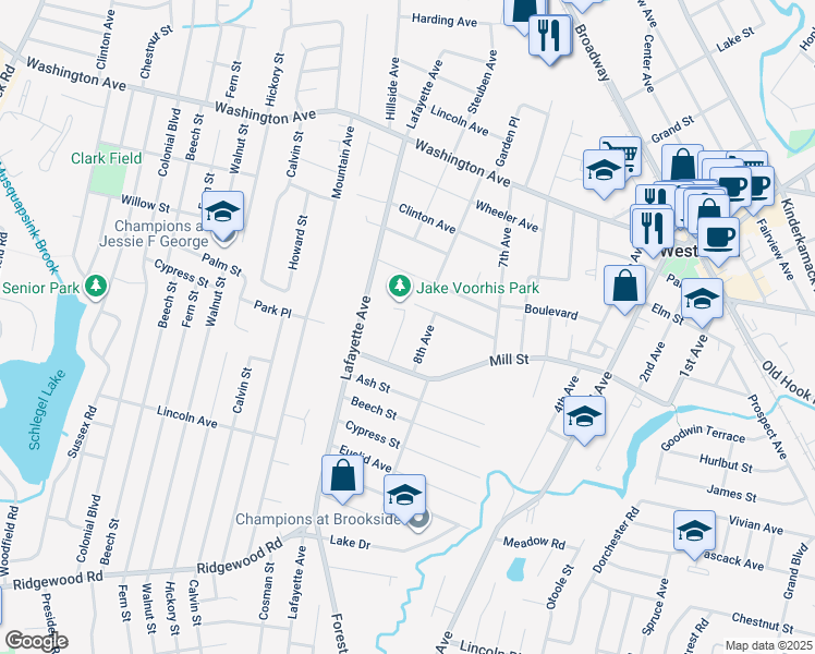 map of restaurants, bars, coffee shops, grocery stores, and more near 41 Oakland Avenue in Westwood