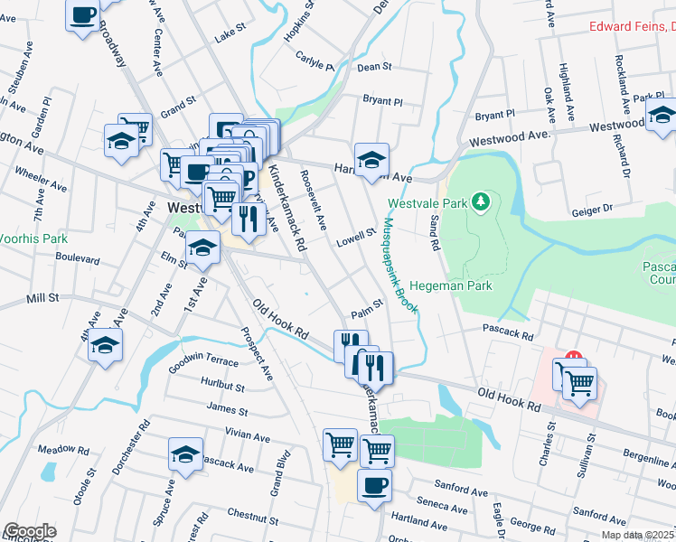 map of restaurants, bars, coffee shops, grocery stores, and more near 116 Roosevelt Avenue in Westwood