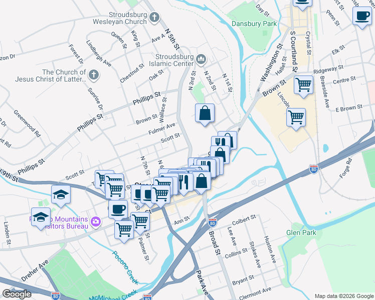 map of restaurants, bars, coffee shops, grocery stores, and more near 503 Thomas Street in Stroudsburg