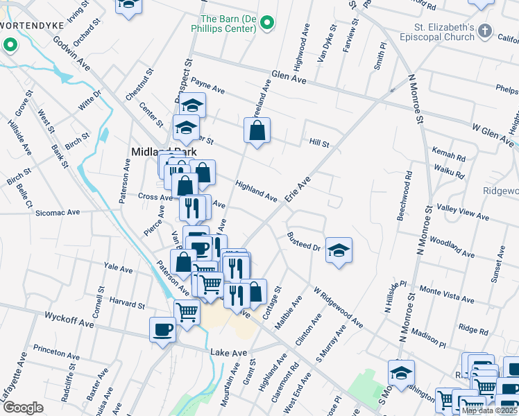map of restaurants, bars, coffee shops, grocery stores, and more near 124 Franklin Avenue in Midland Park
