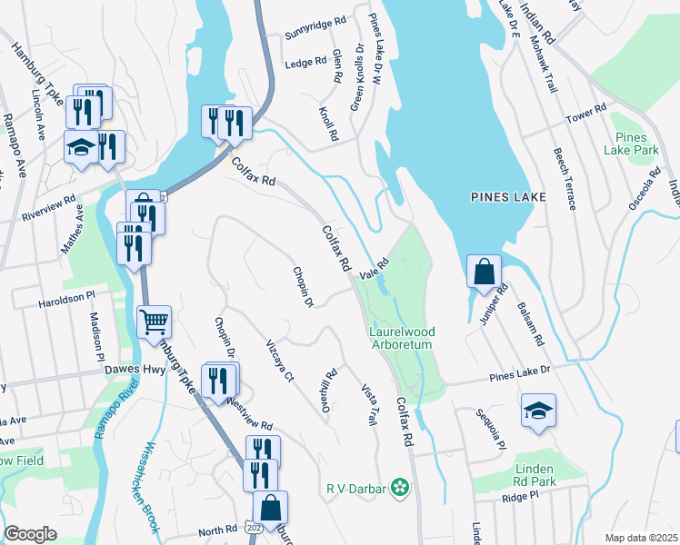 map of restaurants, bars, coffee shops, grocery stores, and more near 529 Colfax Road in Wayne