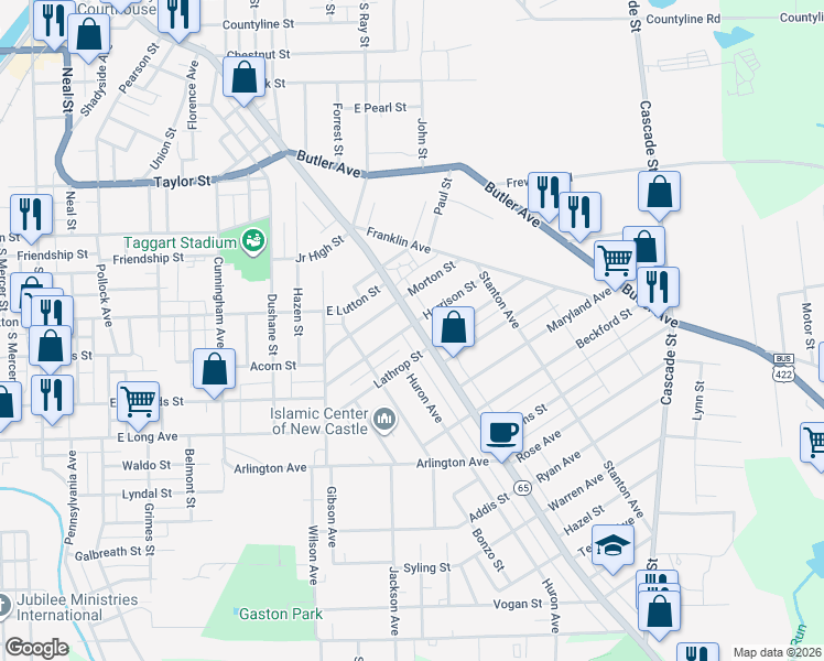 map of restaurants, bars, coffee shops, grocery stores, and more near 1102 East Washington Street in New Castle