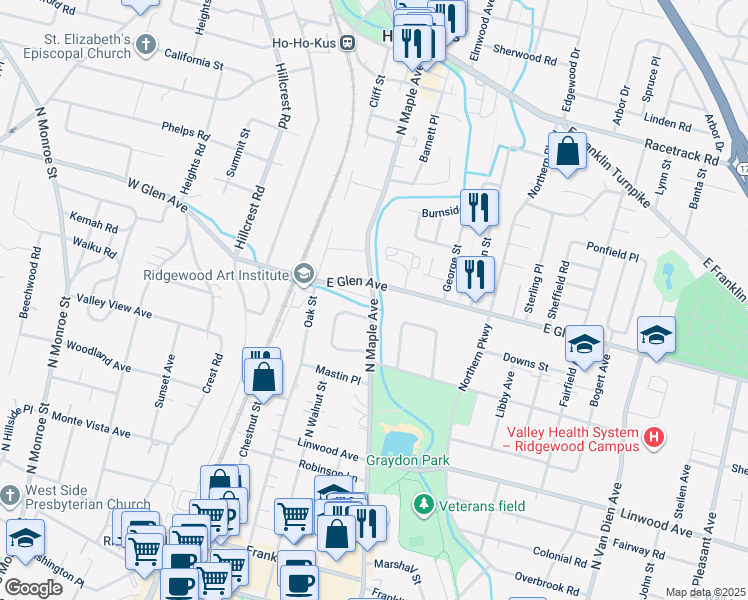 map of restaurants, bars, coffee shops, grocery stores, and more near North Maple Avenue in Ridgewood