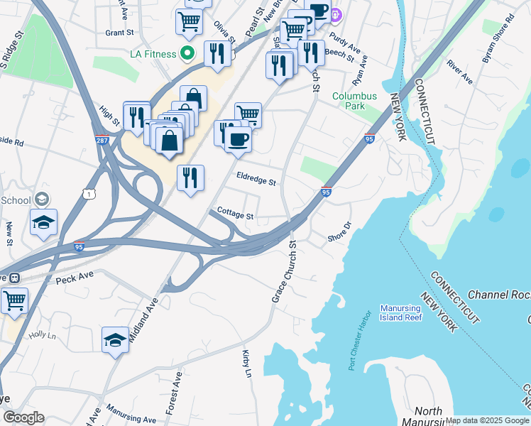 map of restaurants, bars, coffee shops, grocery stores, and more near 21 Cottage Street in Port Chester
