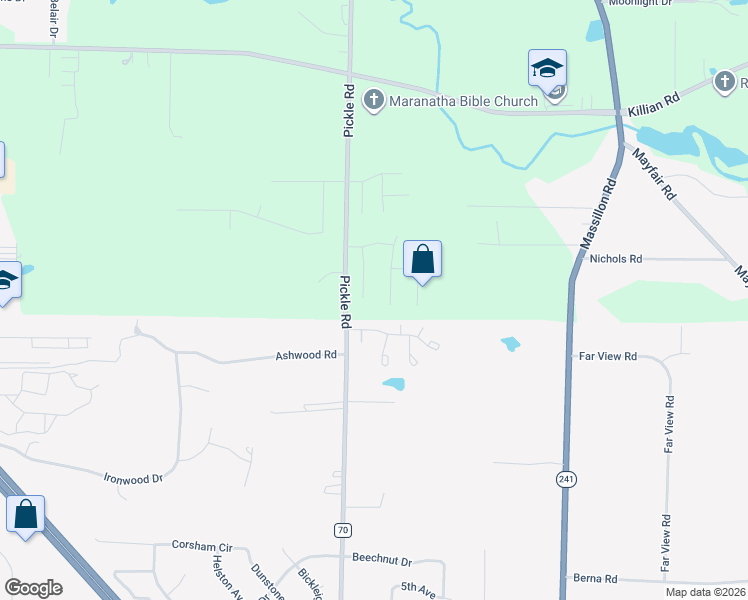 map of restaurants, bars, coffee shops, grocery stores, and more near 2743 Riverbed Ln in Akron