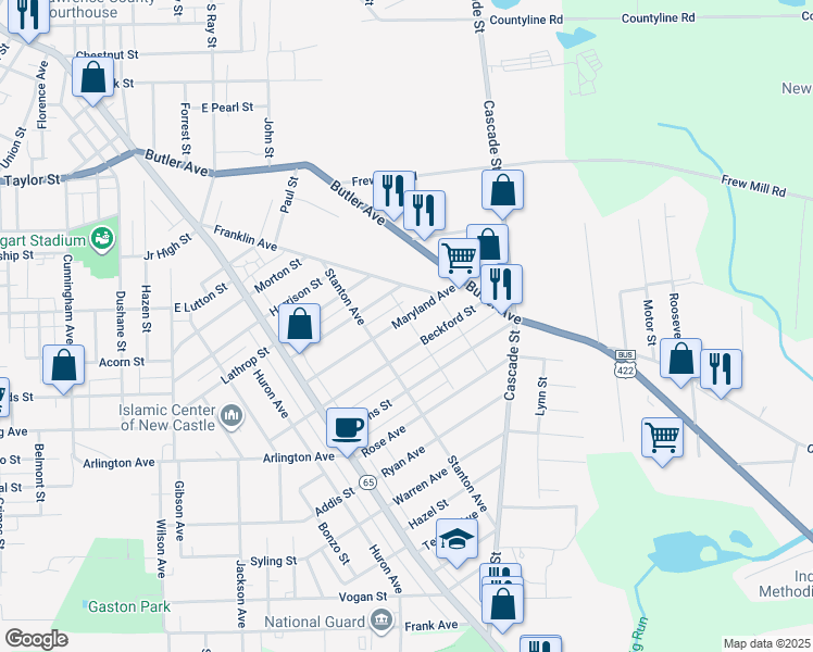 map of restaurants, bars, coffee shops, grocery stores, and more near 1018 Maryland Avenue in New Castle
