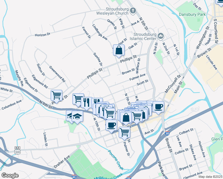 map of restaurants, bars, coffee shops, grocery stores, and more near 404 North 8th Street in Stroudsburg