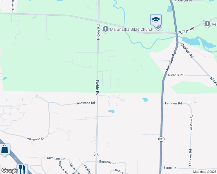 map of restaurants, bars, coffee shops, grocery stores, and more near 2743 Riverbed Lane in Akron