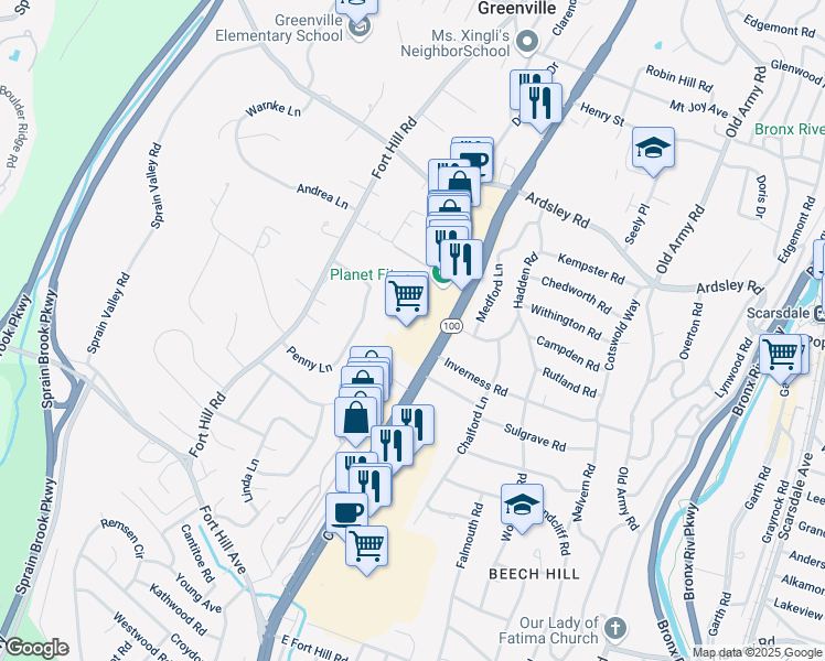 map of restaurants, bars, coffee shops, grocery stores, and more near 1651-1711 Central Park Avenue in Scarsdale