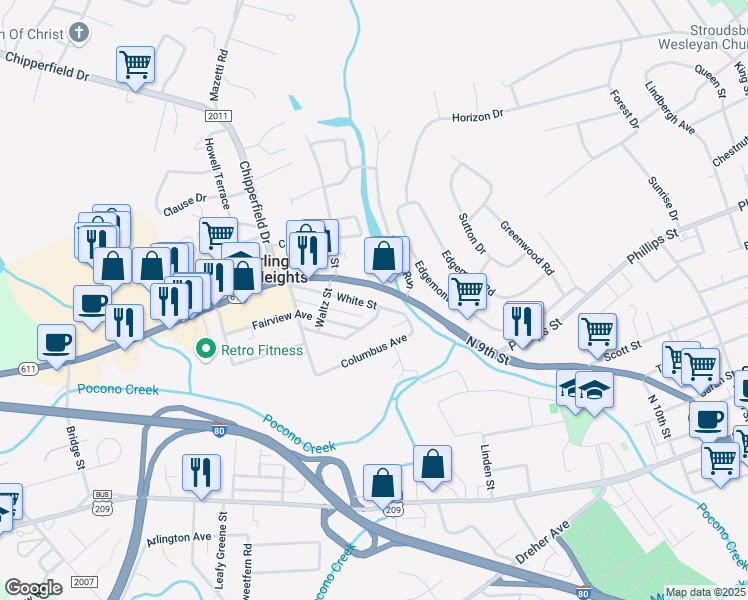 map of restaurants, bars, coffee shops, grocery stores, and more near 850 White Street in Stroudsburg