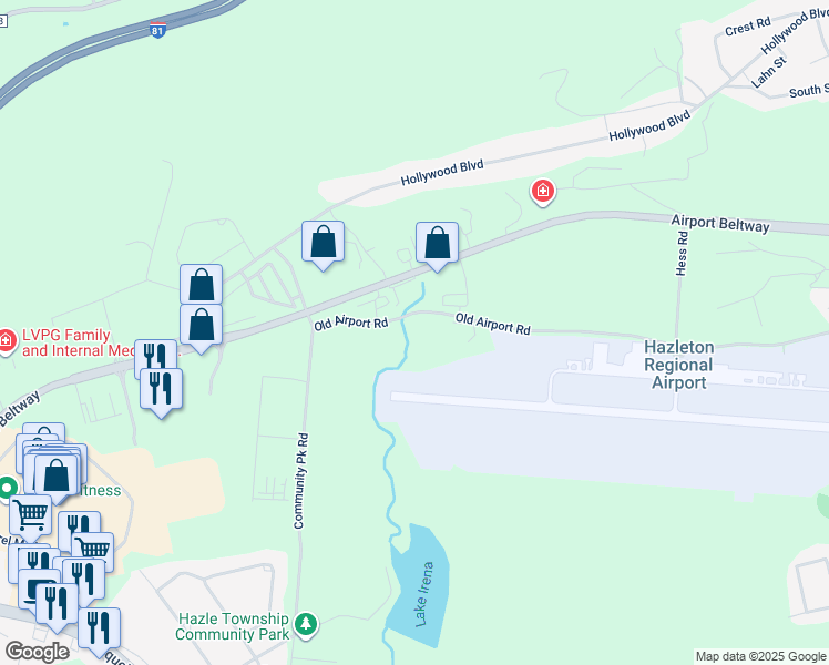 map of restaurants, bars, coffee shops, grocery stores, and more near 5045 Old Airport Road in Luzerne County