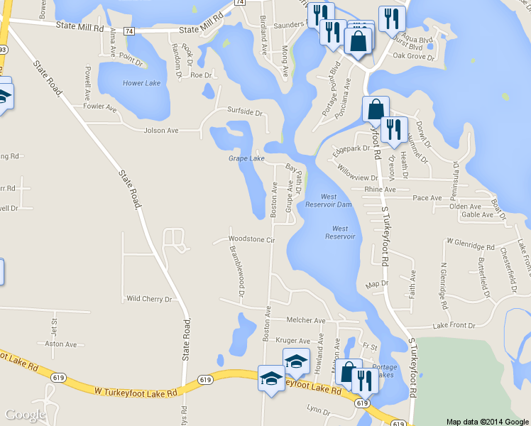 map of restaurants, bars, coffee shops, grocery stores, and more near 3860 Boston Avenue in Akron