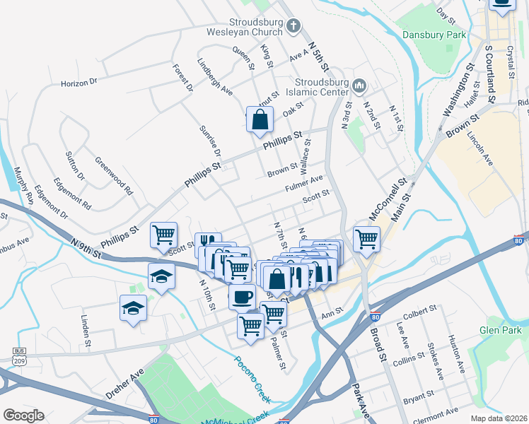 map of restaurants, bars, coffee shops, grocery stores, and more near 708 Scott Street in Stroudsburg
