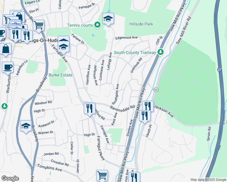 map of restaurants, bars, coffee shops, grocery stores, and more near 4 Glenn Place in Hastings-on-Hudson