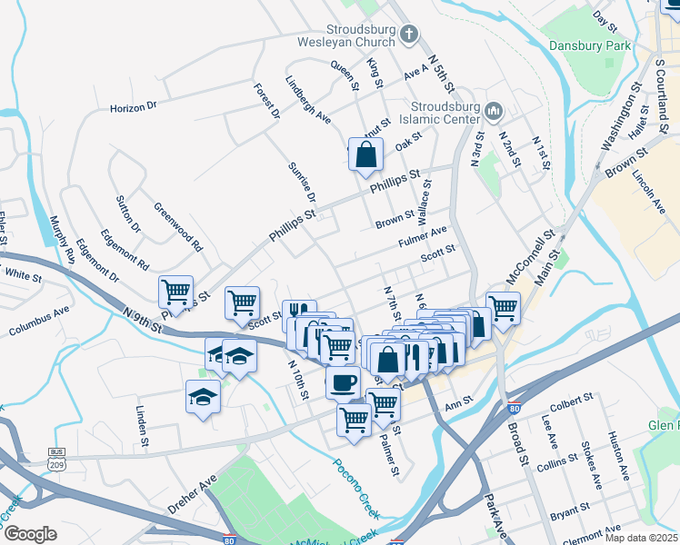map of restaurants, bars, coffee shops, grocery stores, and more near 404 North 8th Street in Stroudsburg