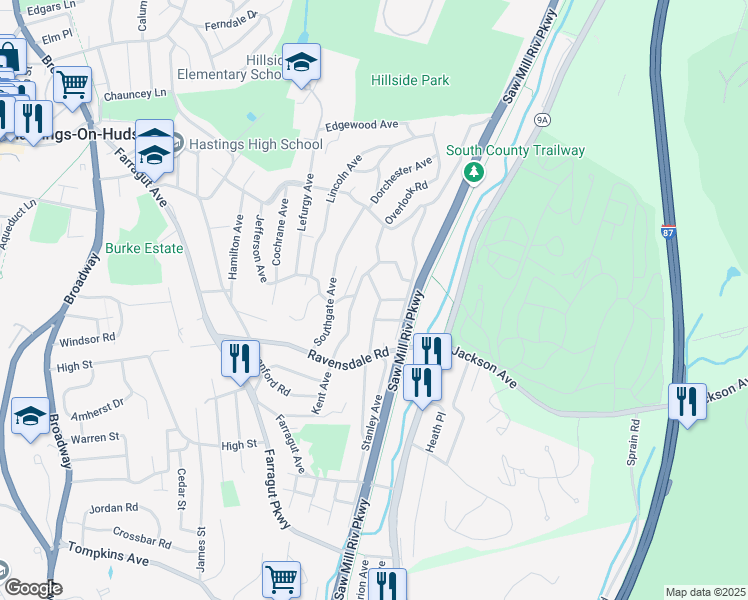 map of restaurants, bars, coffee shops, grocery stores, and more near 51 Clinton Avenue in Hastings-on-Hudson